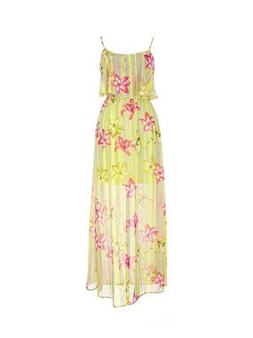 Gianni Bini Floral Stripe Maxi Dress Chiffon Pink Yellow Tropical Boho Vacation